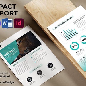 May include: Two white Impact Report documents with teal and black accents are displayed on a light wood surface. The documents feature charts, graphs, and the text "Impact Report." The Canva, Word, and Adobe In-Design logos are also visible.