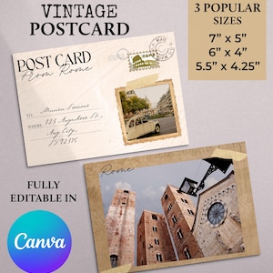 Peut inclure: Deux cartes postales style vintage avec des images de Rome. L'une montre une voiture classique et un timbre de Rome, l'autre des tours en pierre et une église. Texte inclus : VINTAGE POSTCARD, POST CARD From Rome, 3 POPULAR SIZES 17,8 x 12,7 cm, 15,2 x 10,2 cm, 14 x 10,8 cm et le logo Canva.