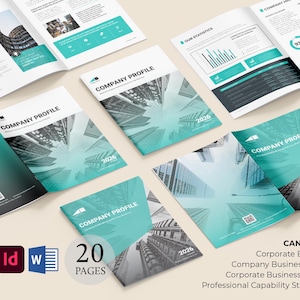 Peut inclure: Plusieurs brochures et livrets ouverts de couleur turquoise et blanche. La couverture de chaque brochure indique "COMPANY PROFILE" avec une image de paysage urbain. Le texte "2026" est visible sur certaines couvertures. L'image comprend également des icônes pour Canva, InDesign et Word, ainsi que le texte "20 PAGES".