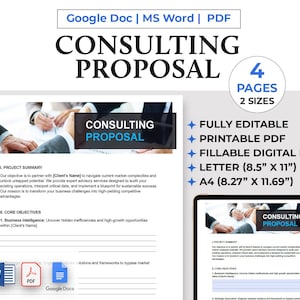 Redigerbar mall för konsultförslag, professionellt affärsförslag, konsultavtal, Google Docs Word PDF, A4- och Letter-storlek
