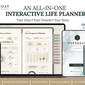 Peut inclure: Un planificateur de vie numérique interactif nommé Paperday affiché sur un ordinateur portable, un smartphone et une tablette. L'interface comprend 12 sections, des images de couverture personnalisables et des tableaux de bord montrant les progrès, le rythme et les tâches quotidiennes dans une palette de couleurs neutres.