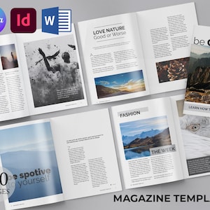 May include: A magazine template with multiple open spreads, showcasing design layouts. The pages feature images of landscapes, text, and headlines like "LOVE NATURE" and "FASHION." The template includes icons for Canva, Adobe InDesign, and Word, with the text "MAGAZINE TEMPLATE."