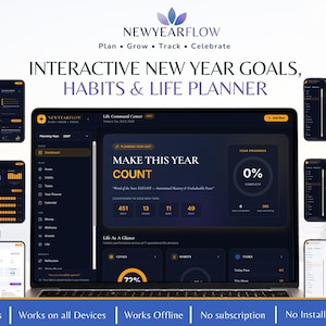 May include: A digital life planner displayed on a laptop screen, featuring a dark interface with orange accents. The dashboard shows sections for goals, habits, money, and wellness. Text includes "NEWYEARFLOW" and "INTERACTIVE NEW YEAR GOALS, HABITS & LIFE PLANNER."