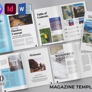 Op de afbeelding: Een magazine template in lichtblauw en wit. De template bevat pagina's met foto's, tekst en de woorden "Inhoudsopgave", "Welkom" en "Magazine Template". Ontworpen voor Canva, Adobe InDesign en Microsoft Word.