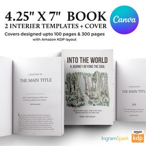 May include: A 4.25 inch by 7 inch book template set including interior pages and a cover design. The display shows a book cover titled Into the World by John Abraham with a forest illustration, alongside open interior pages with chapter text.