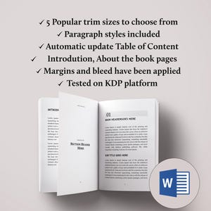 May include: An open book with text and a Microsoft Word logo. The book's pages display sample text and headings. Text at the top lists features: trim sizes, paragraph styles, table of contents, introduction pages, margins, and KDP platform testing.