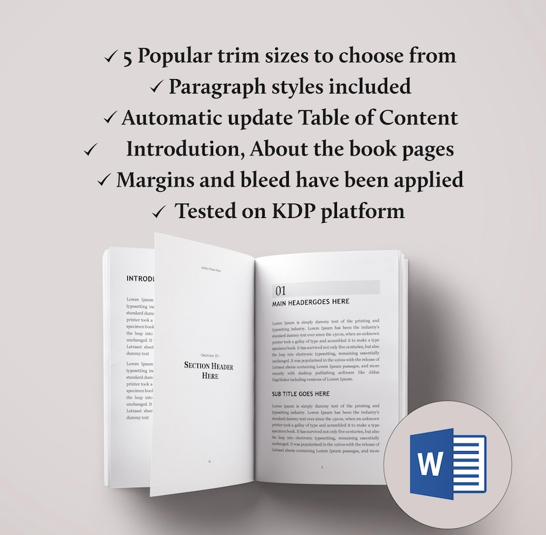 May include: An open book with text and a Microsoft Word logo. The book's pages display sample text and headings. Text at the top lists features: trim sizes, paragraph styles, table of contents, introduction pages, margins, and KDP platform testing.