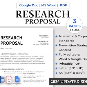 May include: A white document titled "RESEARCH PROPOSAL" dated 22/05/2026, with sections on executive summary and research objectives. The image also shows a graphic indicating "3 PAGES" and the text "2026 UPDATED EDITION". Includes A4 and Letter sizes.