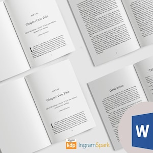 May include: Open books with text, including "Chapter One Title" and "Chapter Two Title." The pages display body text and a table of contents. The image includes the Amazon KDP and IngramSpark logos, and a Microsoft Word icon.