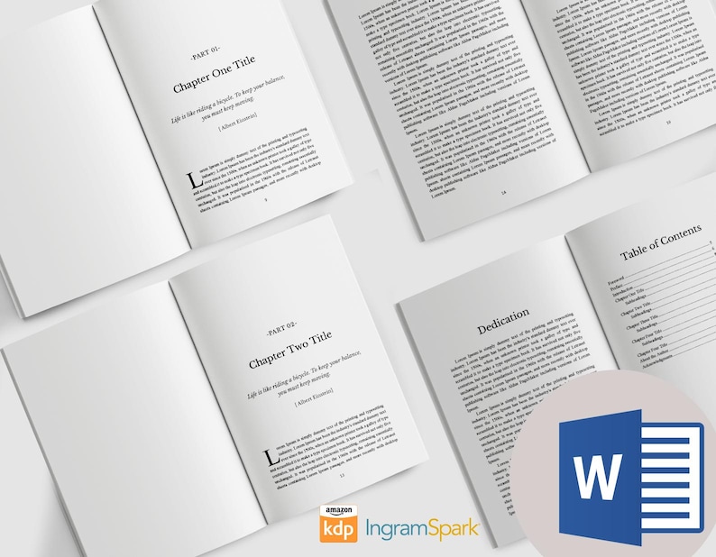 May include: Open books with text, including "Chapter One Title" and "Chapter Two Title." The pages display body text and a table of contents. The image includes the Amazon KDP and IngramSpark logos, and a Microsoft Word icon.
