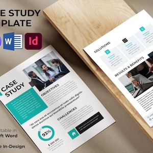 May include: Two case study templates on a wooden surface. The templates feature a teal and white design with the words "CASE STUDY TEMPLATE" at the top. The templates are fully editable in Microsoft Word, Canva, and Adobe In-Design.