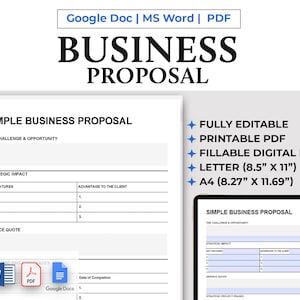 Puede incluir: Una plantilla digital de propuesta comercial con el texto "BUSINESS PROPOSAL" en letras grandes y en negrita. La plantilla incluye secciones para características clave, ventajas y cotizaciones de servicios. Disponible en formatos Google Docs, MS Word y PDF, con tamaños Letter (21.59 cm x 27.94 cm) y A4 (21 cm x 29.7 cm).