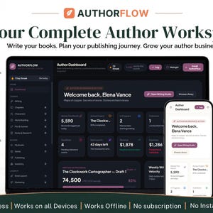 Puede incluir: Interfaz del software AuthorFlow mostrada en una pantalla de portátil y smartphone. El panel en modo oscuro muestra el progreso de escritura, estadísticas de proyectos y herramientas. El texto incluye AuthorFlow, Your Complete Author Workspace y métricas de panel para la usuaria Elena Vance.