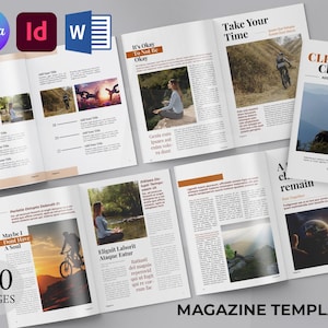 以下が含まれることがあります： ミニマリストデザインの雑誌テンプレートで、自然の中にいる人々の画像が特徴です。「Take Your Time」と「Clear Space, Clear Mind」という言葉を含むテキストと画像がレイアウトされています。テンプレートは30ページです。