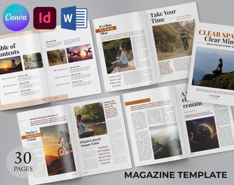Plantilla de revista moderna / Diseño editorial de libros / Revista imprimible y editable (Canva, MS Word, InDesign)
