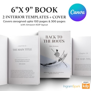 May include: A book titled "Back to the Roots" with a cover illustration of a person in a boat. The book measures 15.24cm x 22.86cm and includes interior templates. The Canva logo is visible.