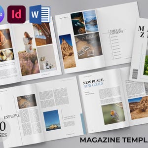 May include: A magazine template with a clean, modern design. The layout features multiple pages with images and text, including a table of contents and a cover with the word "MAGAZINE." The template includes the text "30 PAGES" and "MAGAZINE TEMPLATE."