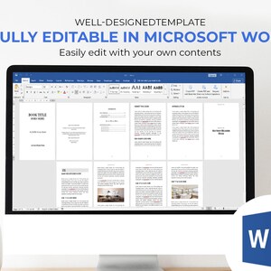 May include: A computer monitor displays a Microsoft Word document template. The screen shows a document layout with text and images. The text on the screen reads "WELL-DESIGNEDTEMPLATE" and "FULLY EDITABLE IN MICROSOFT WORD". A Microsoft Word logo is in the bottom right corner.