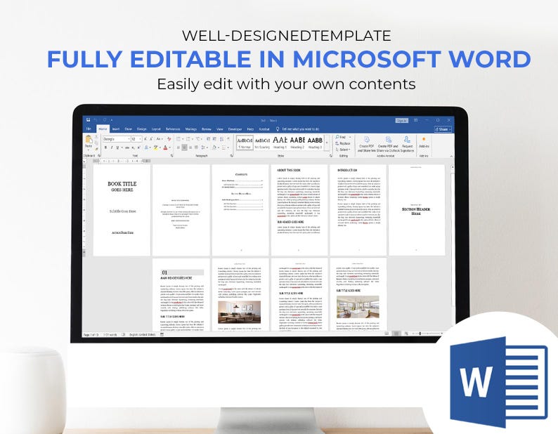 May include: A computer monitor displays a Microsoft Word document template. The screen shows a document layout with text and images. The text on the screen reads "WELL-DESIGNEDTEMPLATE" and "FULLY EDITABLE IN MICROSOFT WORD". A Microsoft Word logo is in the bottom right corner.