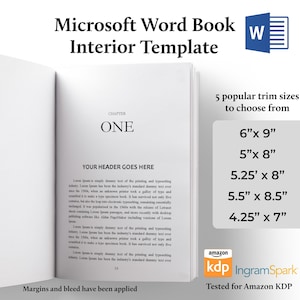 Puede incluir: Un libro abierto con el título "Microsoft Word Book Interior Template" y un logotipo de Microsoft Word. La plantilla interior del libro incluye un título de capítulo, encabezado y texto. Se enumeran cinco tamaños de recorte populares: 15,24 cm x 22,86 cm, 12,7 cm x 20,32 cm, 13,34 cm x 20,32 cm, 13,97 cm x 21,59 cm y 10,8 cm x 17,78 cm.