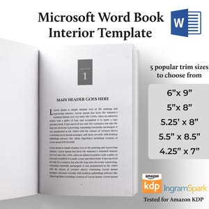 Puede incluir: Una plantilla interior de libro de Microsoft Word abierta, que muestra texto de muestra. La imagen destaca cinco tamaños de recorte populares: 15x23 cm, 13x20 cm, 13x20 cm, 14x22 cm y 11x18 cm. La plantilla está probada para Amazon KDP.