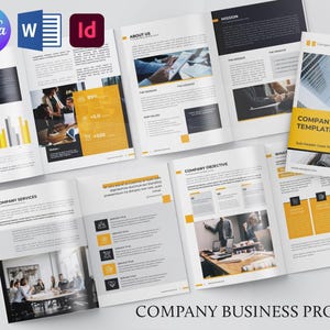 Peut inclure: Un modèle de profil d'entreprise au design moderne. La mise en page comprend des pages avec du texte, des graphiques et des images, avec une palette de couleurs blanche, noire et jaune. Le texte "COMPANY BUSINESS PROFILE" est en bas.
