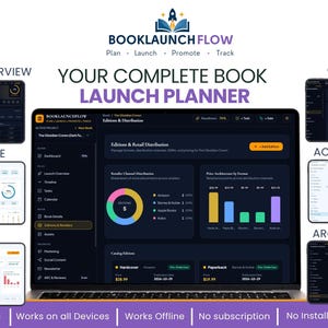 Könnte beinhalten: Ein digitaler Buch-Launch-Planer auf einem Laptop-Bildschirm mit dem BookLaunchFlow-Logo, 20 Abschnitten und verschiedenen Dashboard-Ansichten, darunter Launch-Übersicht, Kalender, Umsatz, Budget, Erfolge sowie ARC- und Rezensions-Tracking.