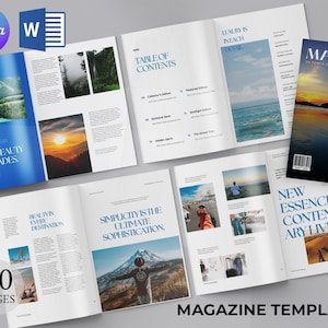 Può includere: Un modello di rivista da 30 pagine con diverse doppie pagine aperte, fotografie a tema viaggio, caratteri serif blu e layout che includono un sommario, articoli editoriali e una copertina con un paesaggio marino al tramonto.