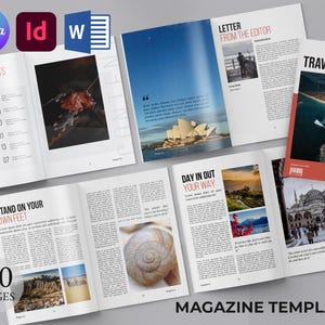 Peut inclure: Modèle de magazine avec plusieurs pages ouvertes. Les pages présentent des photos sur le thème du voyage, du texte et des éléments de conception. La couverture comprend le texte "TRAVEL MAGZ". Le modèle est compatible avec Canva, Adobe InDesign et Microsoft Word. Le modèle a 30 pages.