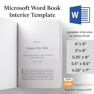 Peut inclure: Un modèle d'intérieur de livre Microsoft Word avec le logo Microsoft Word. L'image montre une double page de livre avec un texte d'exemple et une liste de cinq formats populaires : 15,24 cm x 22,86 cm, 12,7 cm x 20,32 cm, 13,34 cm x 20,32 cm, 13,97 cm x 21,59 cm et 10,8 cm x 17,78 cm.