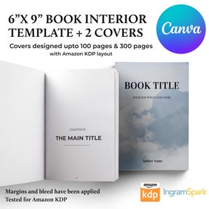 May include: A book interior template with two covers, designed for Amazon KDP. The open book shows a chapter title page. The cover features a cloudy sky design. The text includes "6"X 9" BOOK INTERIOR TEMPLATE + 2 COVERS" and "Canva".