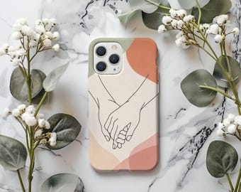 Couple Phone Case, Holding Hands Line Art, Abstract Boho Cover, Minimalist Valentine Gift
