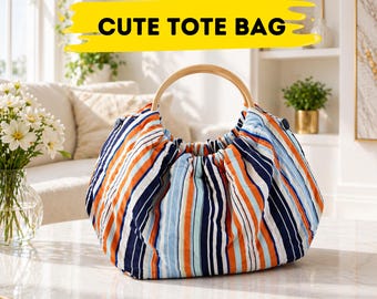 Patrón de costura en PDF para bolso de mano bonito / Bolso de playa estilo boho con asa de bambú / Patrón de bolso DIY / Bolso de tela hecho a mano / Descarga instantánea