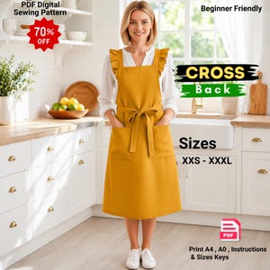 Könnte beinhalten: Senfgelbe Schürze mit Kreuz-Rücken-Design, Bindeband in der Taille und Vordertaschen. Der Text "Beginner Friendly" und "Größen XXS - XXXL" ist sichtbar. Der Text "PDF Digital Sewing Pattern" und "70% OFF" ist ebenfalls vorhanden.