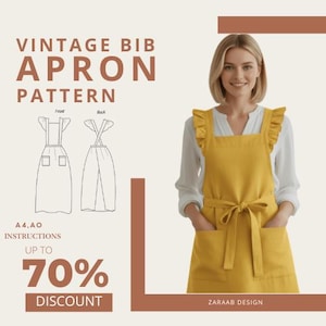 May include: A woman wearing a mustard yellow vintage bib apron with a ruffled neckline and front pockets. The apron is tied at the waist. The image includes a pattern illustration and text that reads "VINTAGE BIB APRON PATTERN" and "UP TO 70% DISCOUNT."
