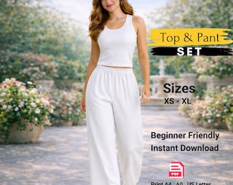 Patrón de costura para top corto y pantalón ancho para mujer (PDF) / Conjunto de dos piezas / Pantalón palazzo con cintura elástica / Apto para principiantes / Talla A0 / A4 (US)