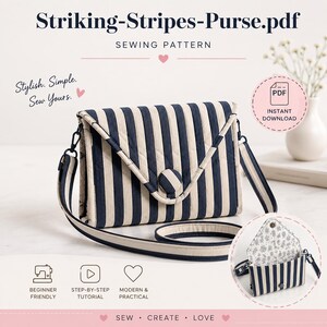 Op de afbeelding: Een naaipatroon getiteld Striking-Stripes-Purse.pdf met een doorgestikte schoudertas met marineblauwe en crèmekleurige verticale strepen, een driehoekige flap en een bijpassende knoop. Een inzetstuk toont de tas open met een bloemige voering.
