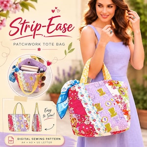 Pode incluir: Um molde de costura digital para uma bolsa tote de patchwork Strip-Ease. A imagem exibe uma bolsa acolchoada colorida com tiras de tecido floral e estampado, alças amarelas e um lenço azul. Inclui um desenho técnico e etiqueta PDF.