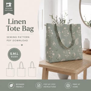 May include: A digital sewing pattern for a linen tote bag, featuring a sage green fabric with a white floral and paisley print. The design includes text for a PDF download, S.M.L sizes, beginner-friendly instructions, and print-at-home options.