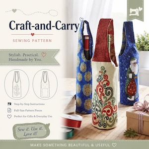 Pode incluir: Uma folha de instruções de molde de costura Craft-and-Carry com texto e diagramas ao lado de três sacos de tecido para garrafas de vinho. Os sacos exibem padrões de mandala azuis, uma base creme com espirais vermelhas e verdes e uma estampa de Papai Noel.