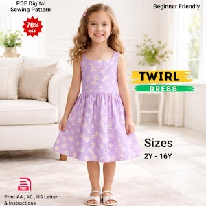 Può includere: Una bambina indossa un abito a ruota color lavanda con un motivo floreale bianco. L'abito ha uno scollo quadrato e una gonna a balze. Il testo sull'immagine dice "TWIRL DRESS" e "Taglie 2Y-16Y". L'immagine dice anche "PDF Digital Sewing Pattern".