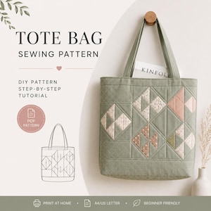 May include: A tote bag sewing pattern featuring a sage green quilted tote with geometric patchwork blocks in muted floral and solid tones. The text reads TOTE BAG SEWING PATTERN, DIY PATTERN STEP-BY-STEP TUTORIAL, PDF PATTERN, PRINT AT HOME, A4/US LETTER, BEGINNER FRIENDLY.