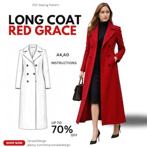 Op de afbeelding: Een rood patroon voor een lange jas met de tekst "LONG COAT RED GRACE" en "UP TO 70% OFF". De afbeelding bevat een schets van de jas en een foto van een vrouw die de jas draagt. Het patroon is verkrijgbaar in A4- en A0-maten.