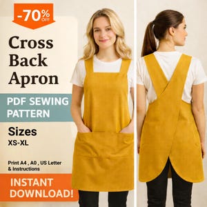 Fartuch z krzyżowym tyłem, łatwy wzór dla początkujących, pobierz plik PDF, prezent dla mamy, wzór do szycia fartucha w formacie PDF, fartuch typu pinano, natychmiastowe pobranie, japoński fartuch
