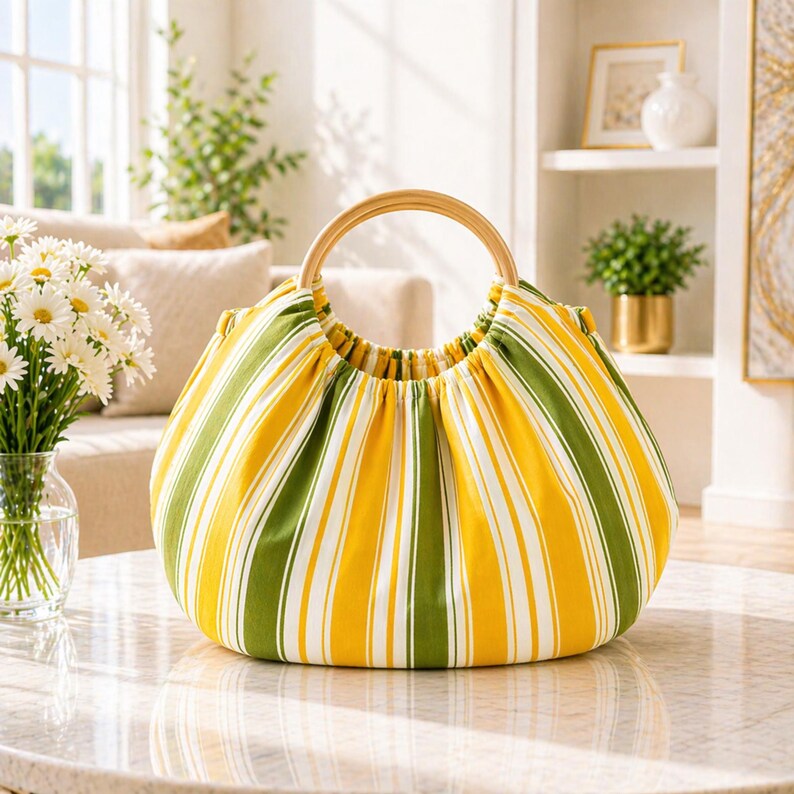 May include: A round handbag with a wooden handle. The bag features vertical stripes in yellow, green, and white. The bag is sitting on a marble table. Daisies in a glass vase are to the left.