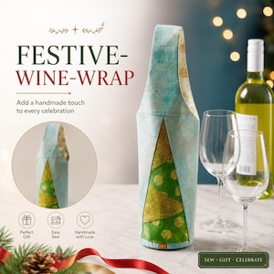 Pode incluir: Uma capa de tecido para garrafa de vinho com exterior azul-claro de acabamento texturizado e um painel triangular verde com bolinhas douradas. A capa possui uma alça alta e é exibida ao lado de duas taças e uma garrafa de vinho.