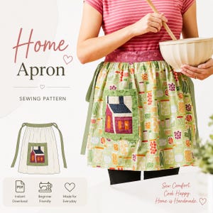 Könnte beinhalten: Ein Schnittmuster für eine Hausschürze aus hellgrünem Stoff mit einem Aufdruck von verschiedenen Gläsern und einer quadratischen Tasche mit Haus-Applikation. Das Design enthält den Text Home Apron Sewing Pattern und eine Strichzeichnung.