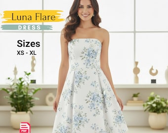 Patrón de costura en PDF para vestido Luna Fit and Flare / Patrón de vestido sin tirantes / Vestido con falda de paneles / Vestido con cremallera trasera / Costura de vestidos para principiantes