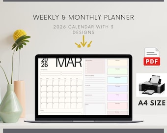 Planificador semanal/mensual imprimible 2026 (A4, PDF), Calendario minimalista 2026, Planificador semanal imprimible, Descarga instantánea