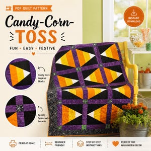Mönster för godismajsquilt i PDF-format | Mönster för Halloweenquilt | Enkel handledning för lapptäcke | Nybörjarvänligt quiltmönster